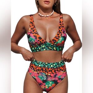 Hilinker Two Piece Bikini Swimsuit Women’s US Size M Leopard Print High Waisted